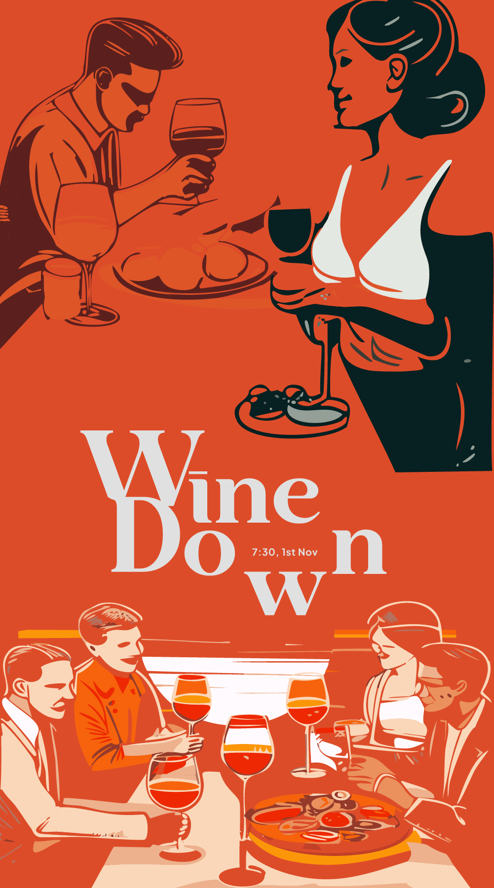 Wine Down event poster with illustrated diners